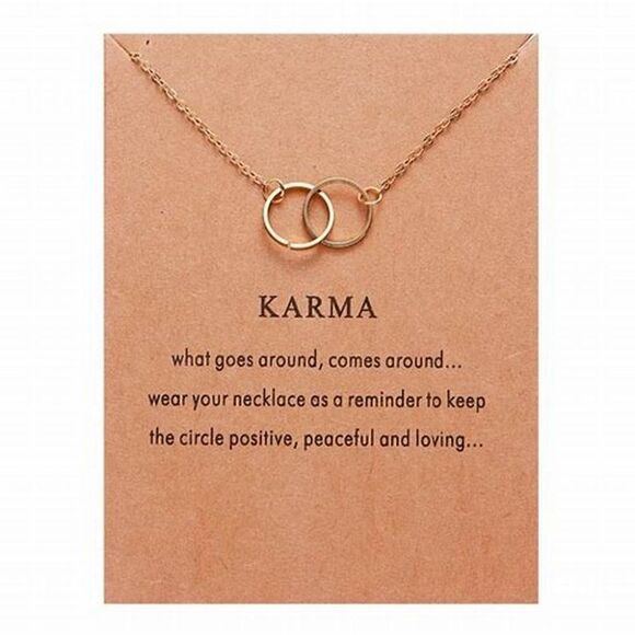 GOLD KARMA INTERLOCKING CIRCLE PENDANT NECKLACE WITH INSPIRATIONAL CARD - Picture 1 of 7